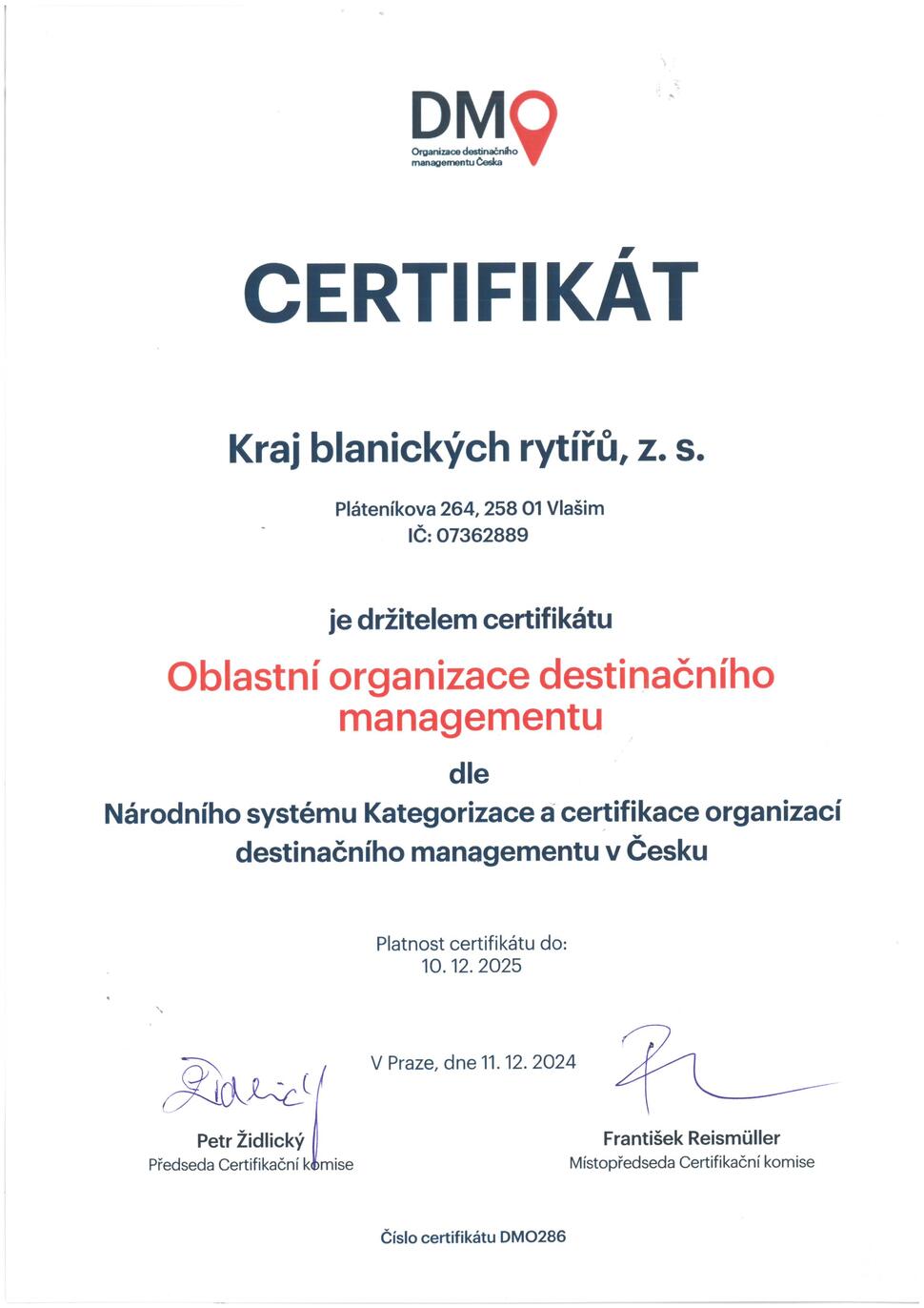 Certifikát DMO Kraj blanických rytířů
